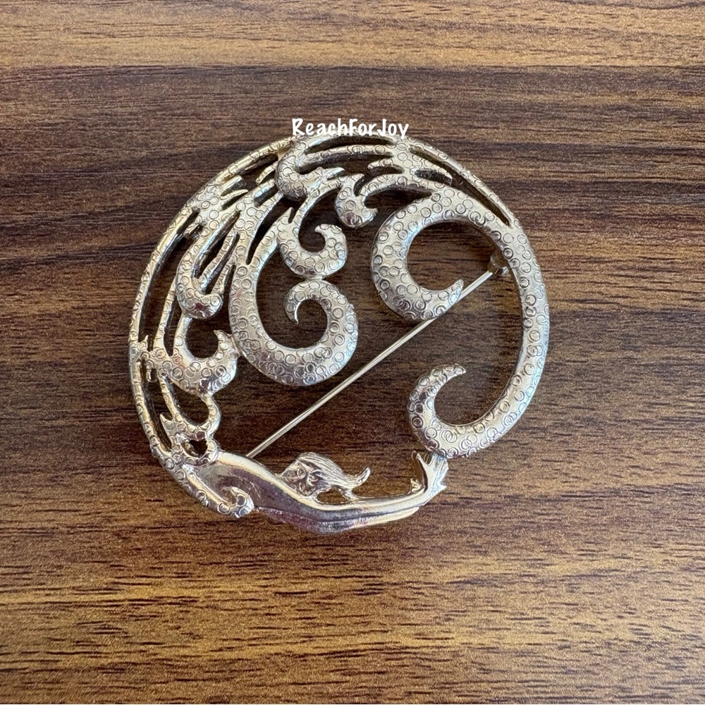 Vintage Large Abstract Sea Wave Brooch M.Jent Fish Gold Tone